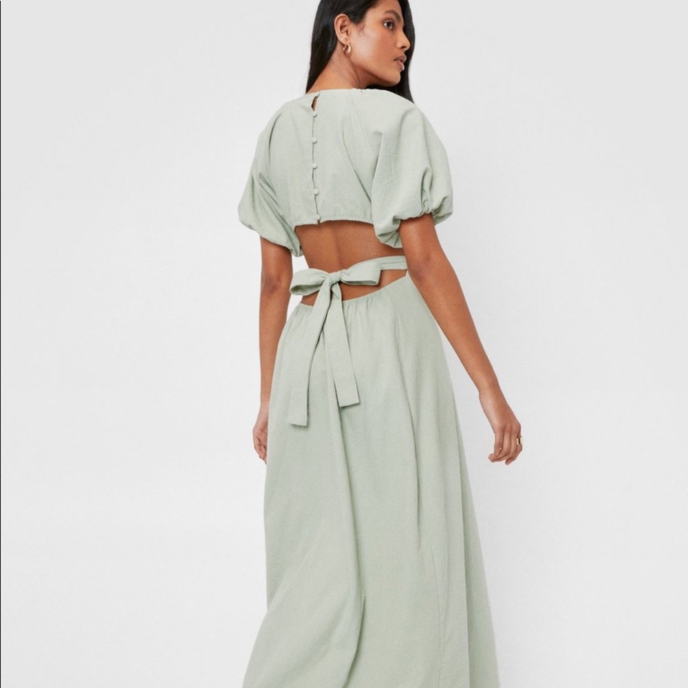 Nasty Gal Linen Cut Out Open Back Midi Dress Sage